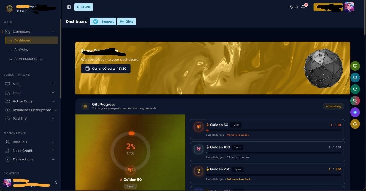 GoldenOTT reseller dashboard — current credits and subscriptions