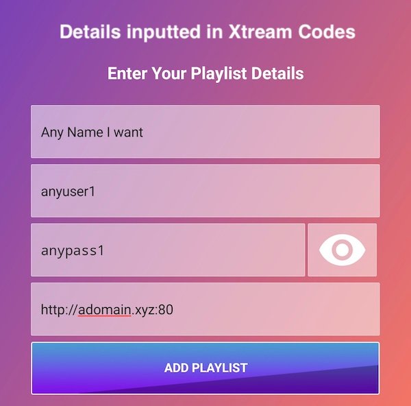 Xtream Codes login screen showing server URL, username and password